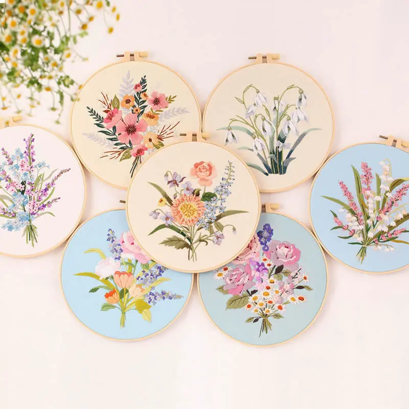 DIY Suzhou Embroidery Kit for Adults, Flower Bouquet Pattern on Fabric, Handmade Semi-Finished Craft Set for All Seasons