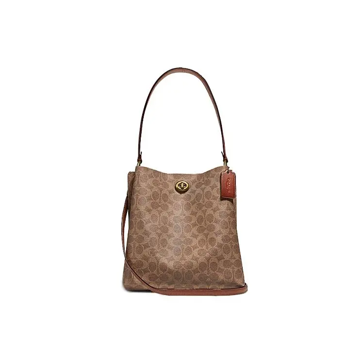 COACH Charlie 26 Floral Canvas and Leather Bucket Bag for Women, Crossbody and Shoulder Style, Red Brown