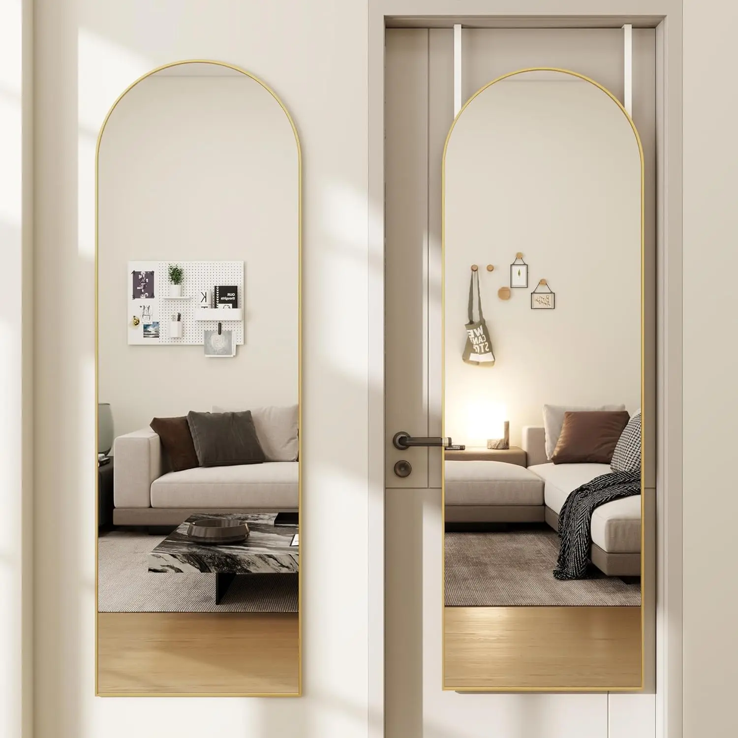 Arched Full Length Door Mirror 14x48, Metal Frame with Protective Film, No-Drilling Hanging or Wall Mount, Hooks & Hardware Included, Full Body Mirror for Bedroom, Dorm, Gold