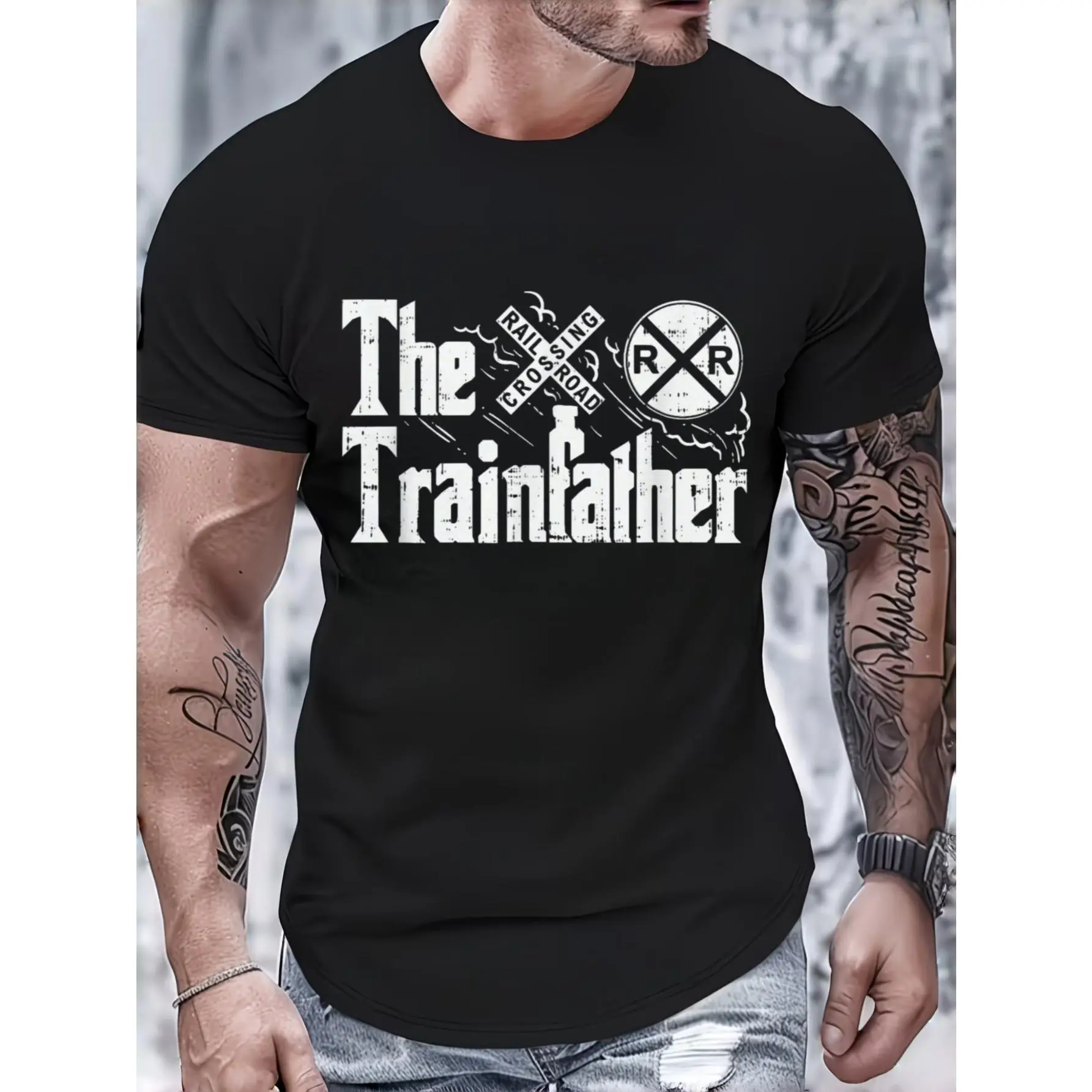 Men's Stylish Shortleeve T-Shirt - The Trainfather Railroad Crossing Design, Unisex Menswear Matching Streetwear, Party Gift for Railway Enthusiasts