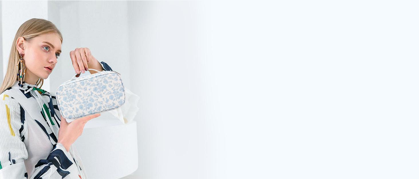 Travel Makeup Bag, Small Floral Cosmetic Bag with Makeup Brush Compartment, Portable Makeup Pouch for Women, Double Layer Cute Toiletry Organizer Bag, Purple Flower