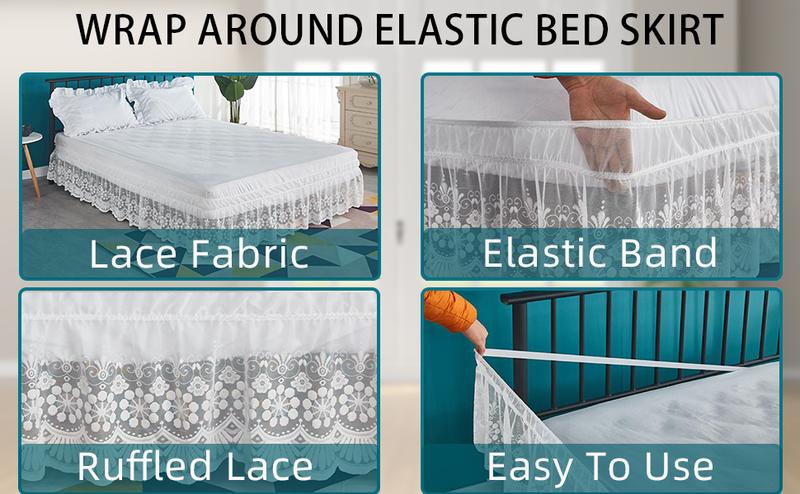 Lace Trimmed Elastic Bed Wrap, Dust Ruffle Bedskirt, White (White, Queen)
