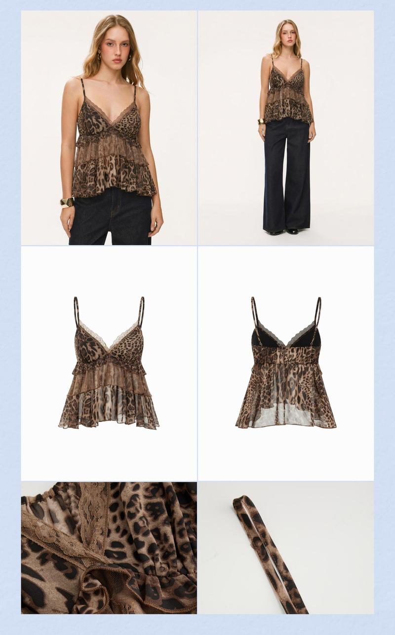 Cider Chiffon Leopard V-neck Lace Trim Cami Top
