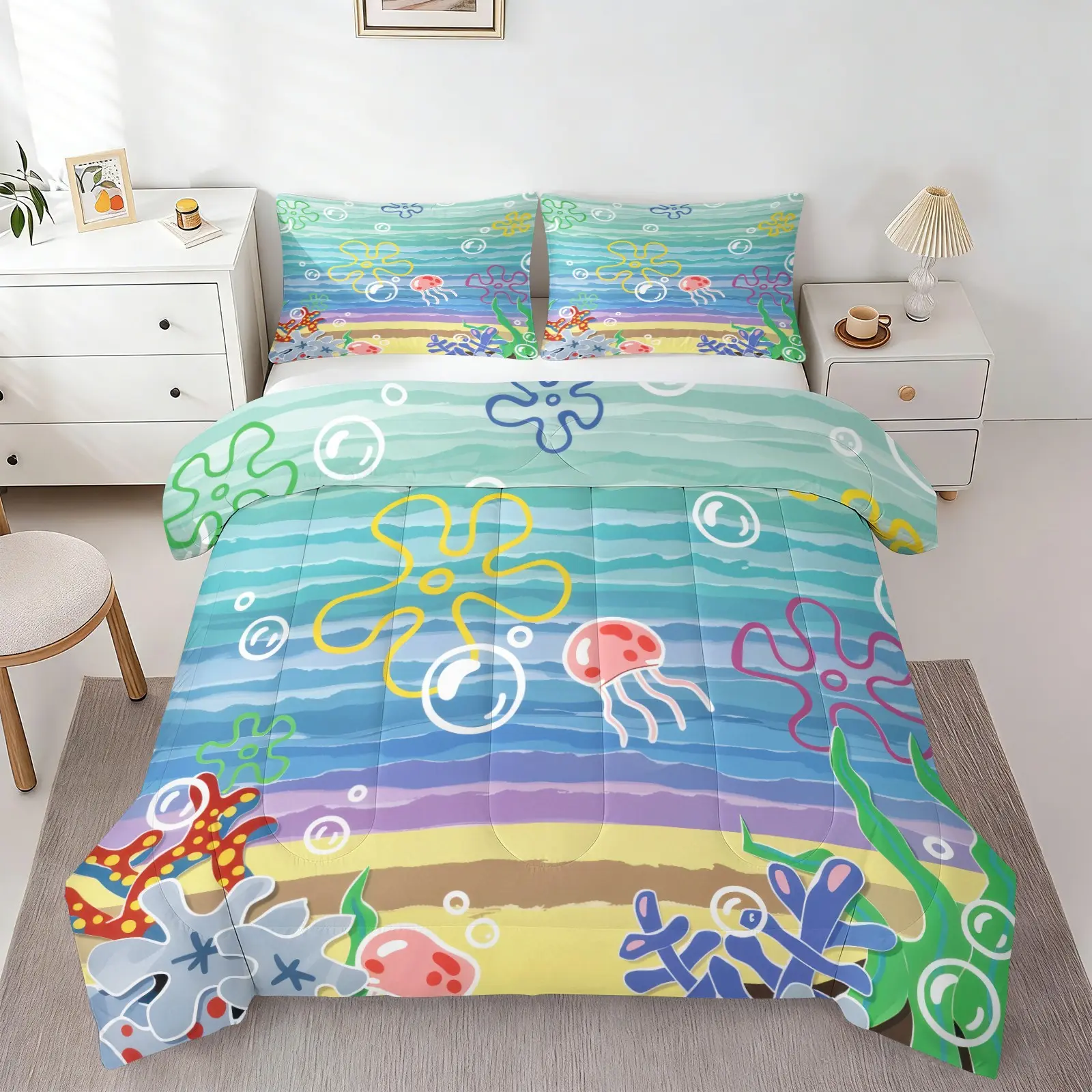 Bright Cartoon Underwater Coral Jellyfish Printed Comforter Set, 1 Quilt & 1/2 Pillowcase No Pillow Insert, Ultra Soft Lightweight Bedding Set, Coastal Ocean Themed Decor for Kids Bedroom & Dorm, All Season