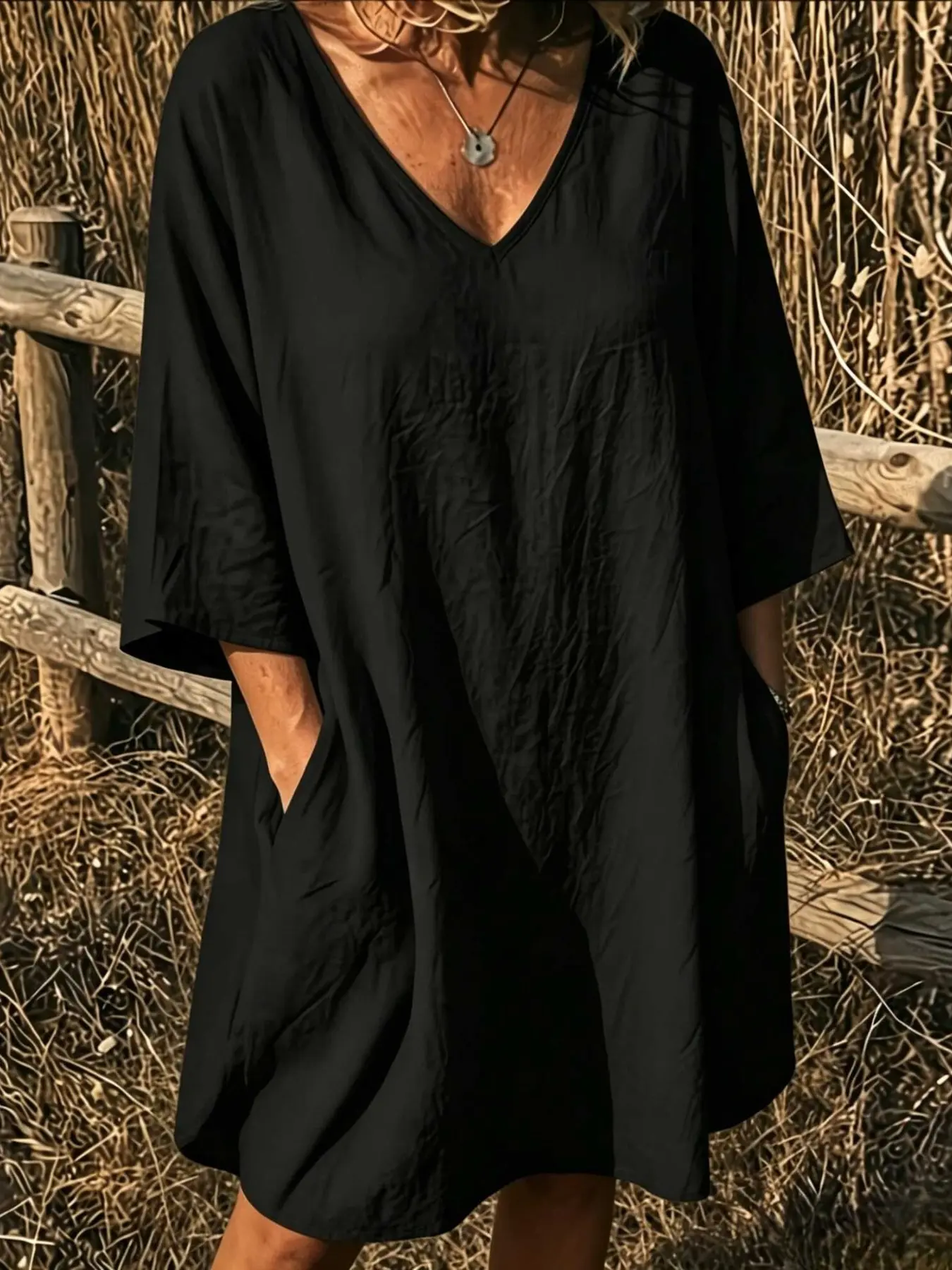 Elegant V-Neck Top, Loose Long Sleeve with Large Pockets, Breathable Linen Texture, Casual Summer Shirt for Women, Comfortable and Stylish