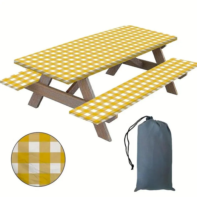 3PCS Elastic-Edged Buffalo Plaid Table & Bench Covers Set, 6 Ft Red and White Fitted Covers for Outdoors Camping, Picnic Parties