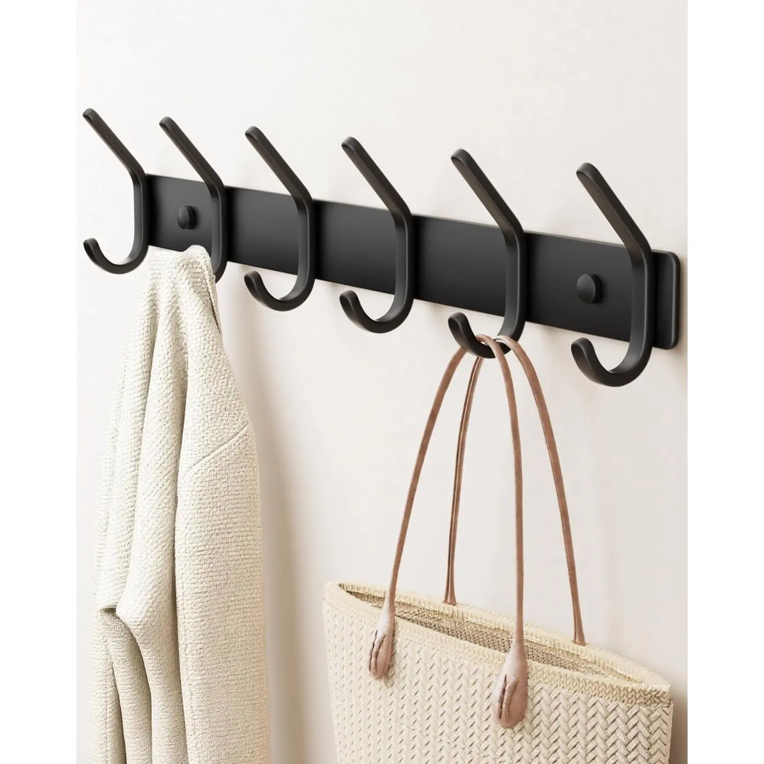 Black Wall Mount 6-Hook Synthetic Coat Rack (1 Pack) - Minimalist Modern Decor, Drill Installation, Lightweight Organizer, Holds Items, Ideal for Entryway Use, Compact Home Supply