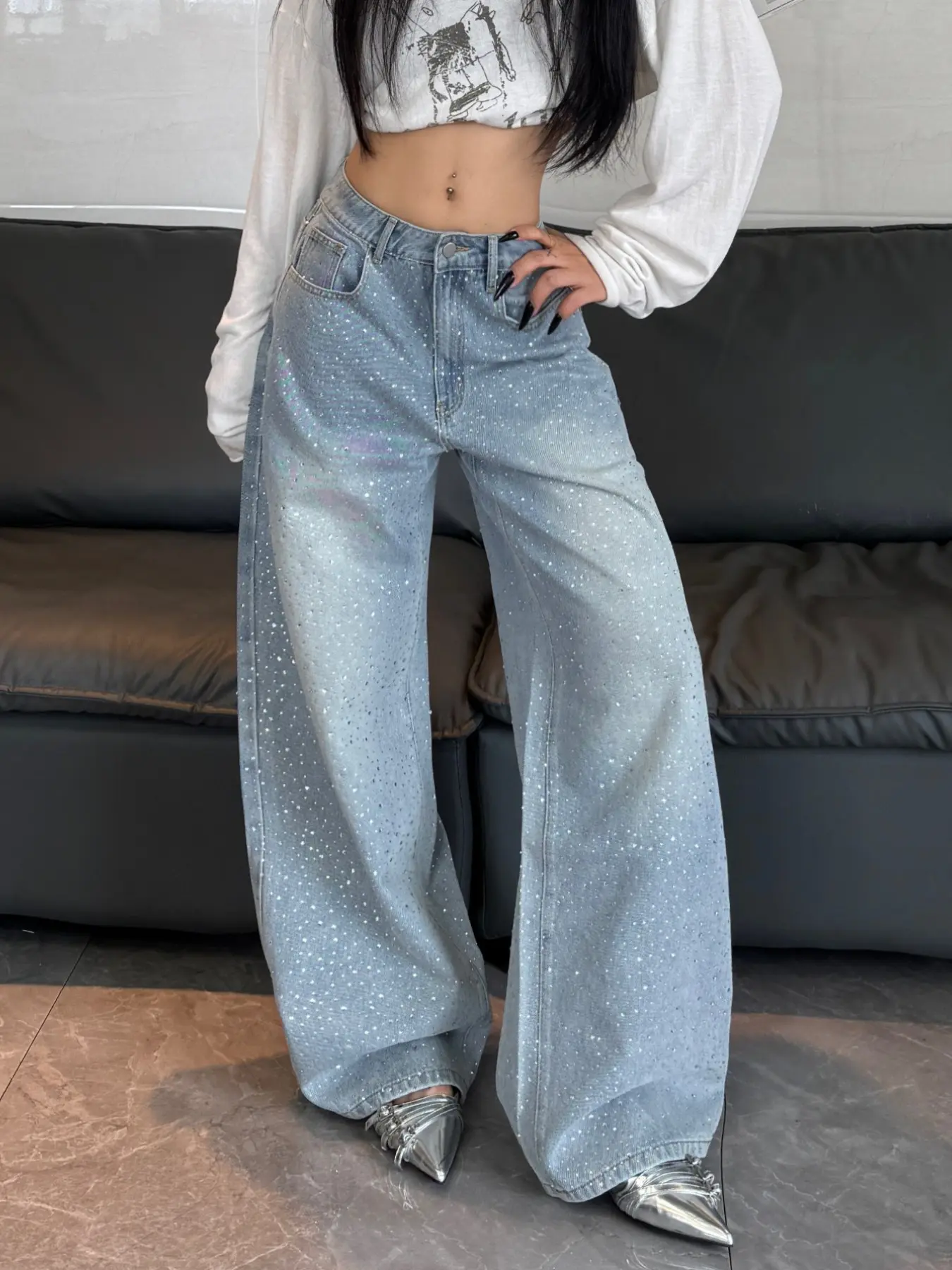Women's High-Waisted Straight Leg Denim Jeans, Heavy-Duty Rhinestone Washed Blue Flowy Long Pants, Street Style Loose Fit Oversized, Trendy Fashion