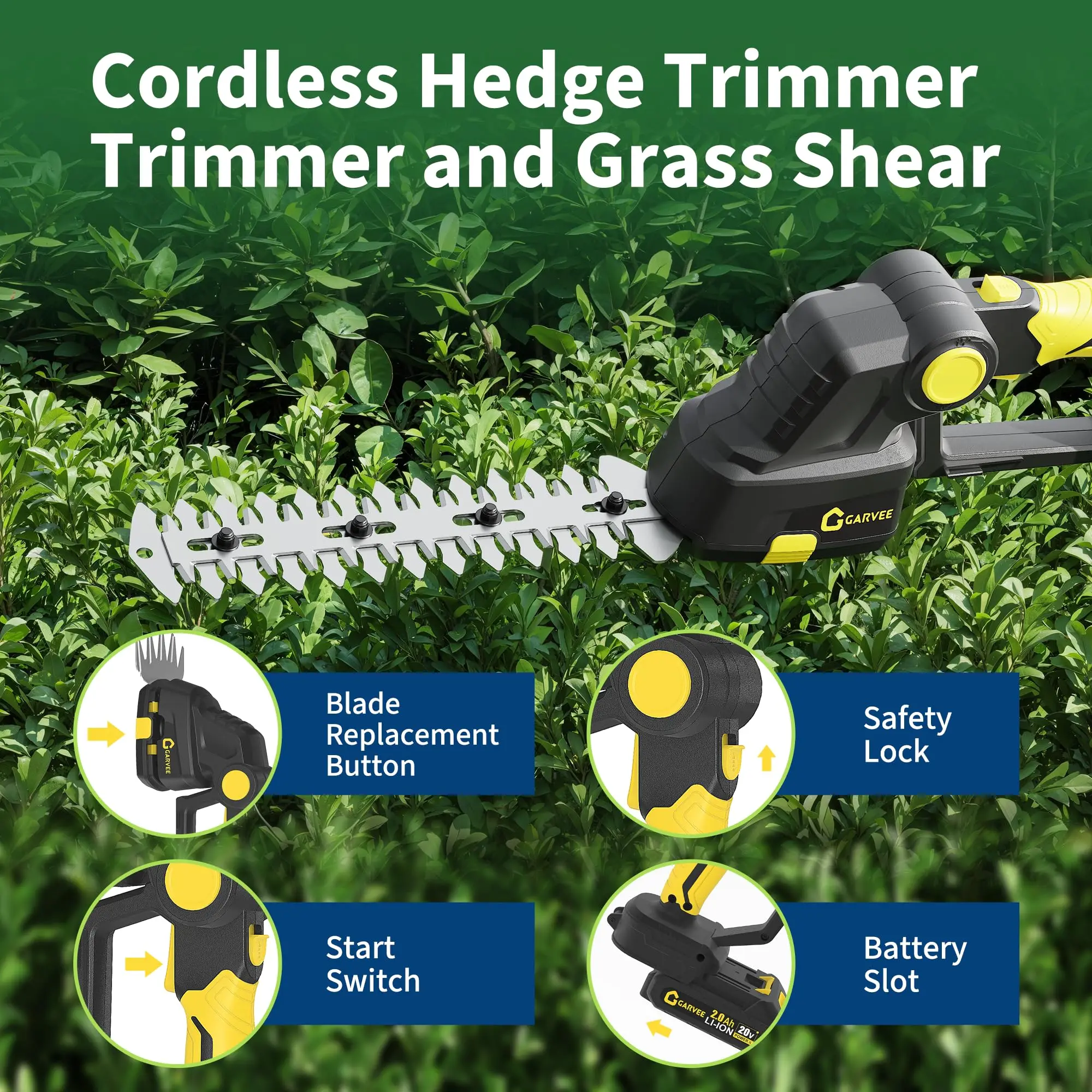 Wireless 2-in-1 Hedge Trimmer & Grass Shear – 20V Handheld Electric, 2 x 2.0Ah Batteries, Charging Base, Long Runtime for Lawn & Garden Maintenance