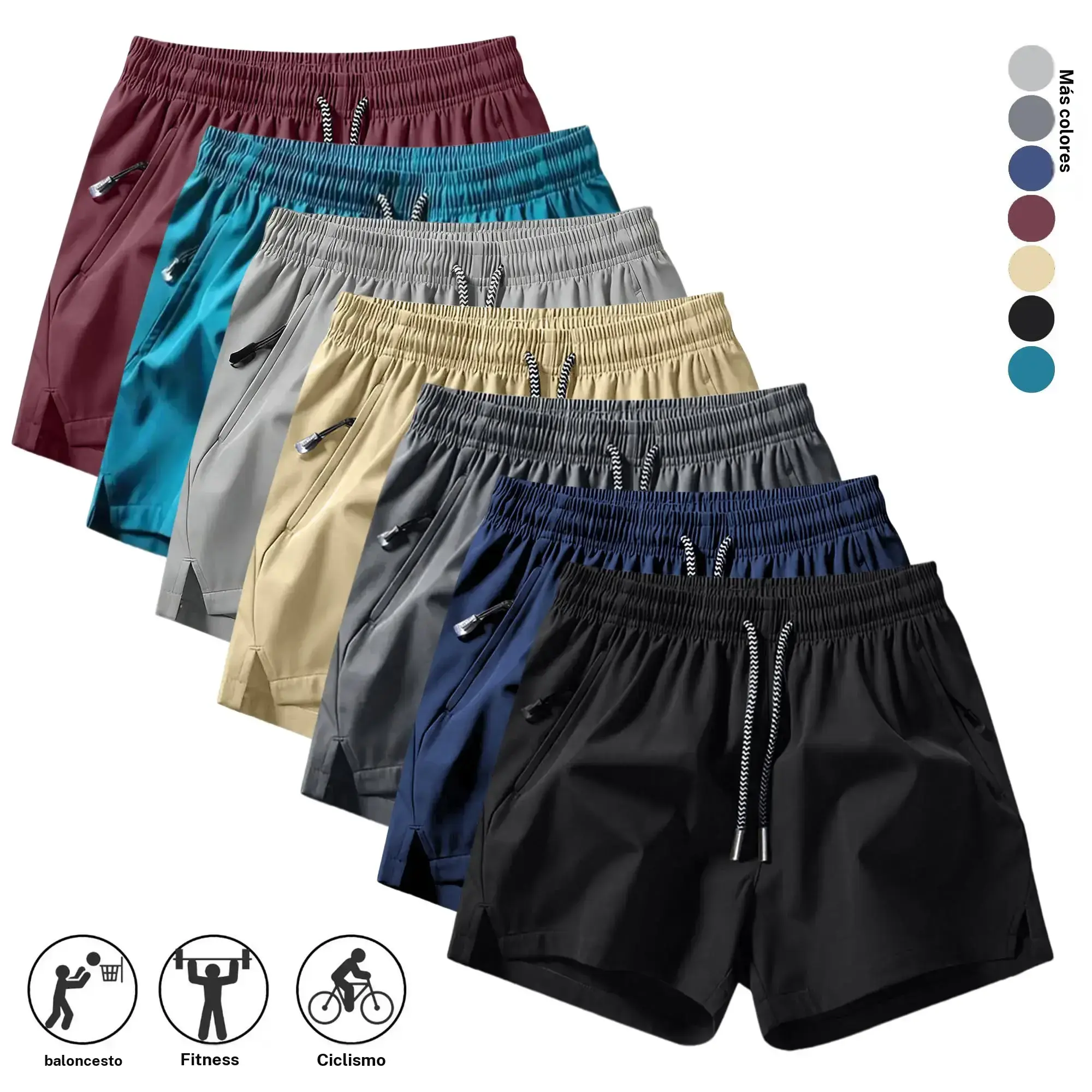 Men’s lightweight, breathable summer casual athletic shorts with zippered pockets and an adjustable elastic drawstring waistband; menswear; suitable for everyday wear, running, and workouts.