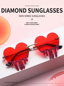 Women's Heart Tear Design Sunglasses, Rhinestone Frameless Fun Photo Glasses, High-End Sparkling Sunwear, 1 Piece