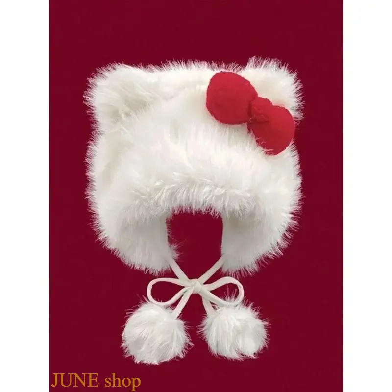 One Size Women’s Plush Hat With Acrylic Cat Ear Structure, Adorned With Pom Pom And Bowknot Details, Loose Soft Thermal Headwear Designed For Fall And Winter Cold Weather, Suitable For Outdoor Sports Daily Casual Styling And Gift Giving For Teenage Girls