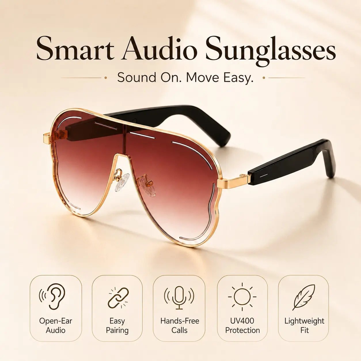 Bluetooth Smart Audio Glasses for Men Women, Open-Ear Sunglasses with Built in Mic and Speakers, Hands-Free Calls, Touch Control, Voice Assistant, UV400 Protection