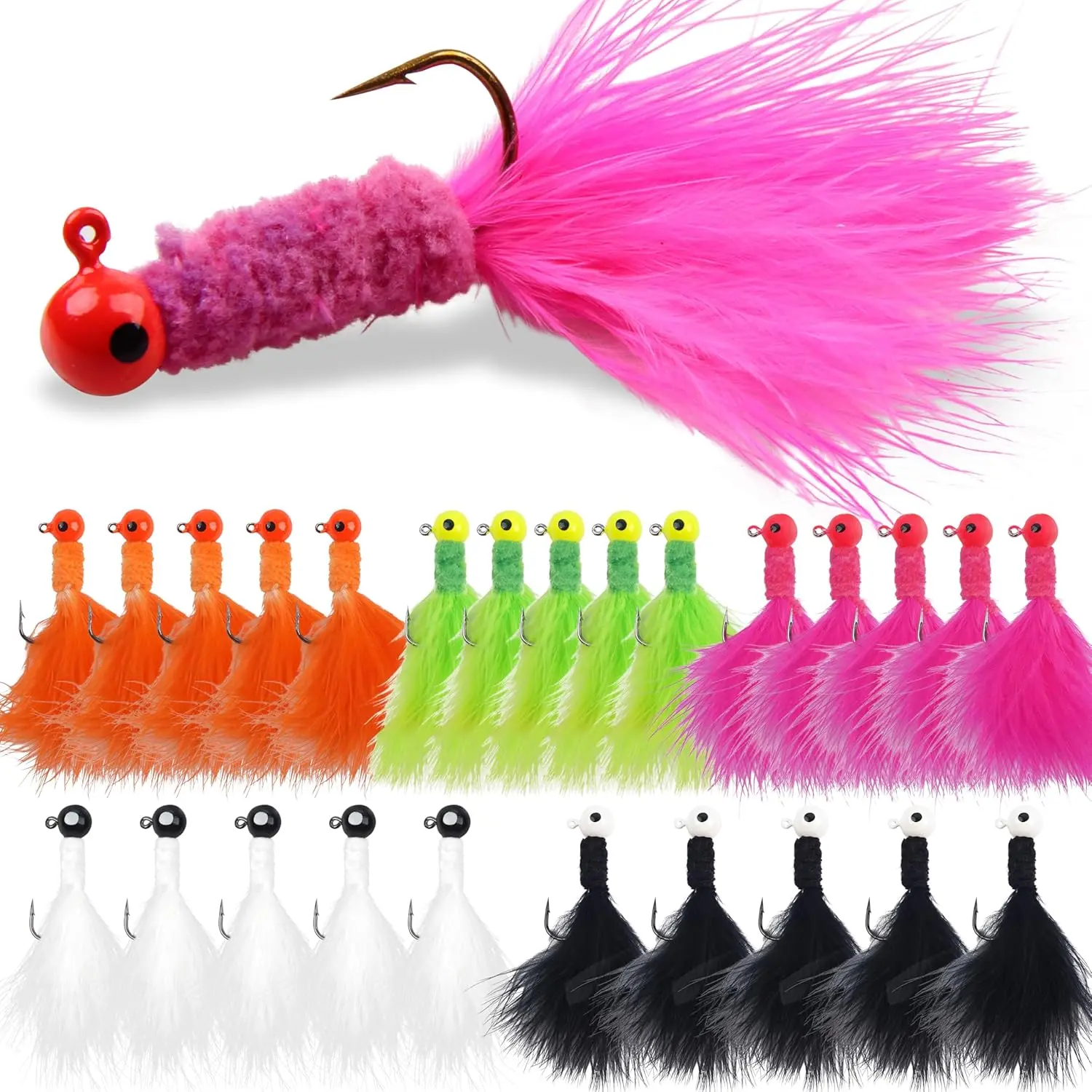 Marabou Jigs Fishing Lure Kit,25pcs Crappie Jigs  Marabou  Jig  Hooks Fishing Hair Jigs Baits for Bass Trout Walleye Panfish 1/32oz 1/16oz 1/8oz
