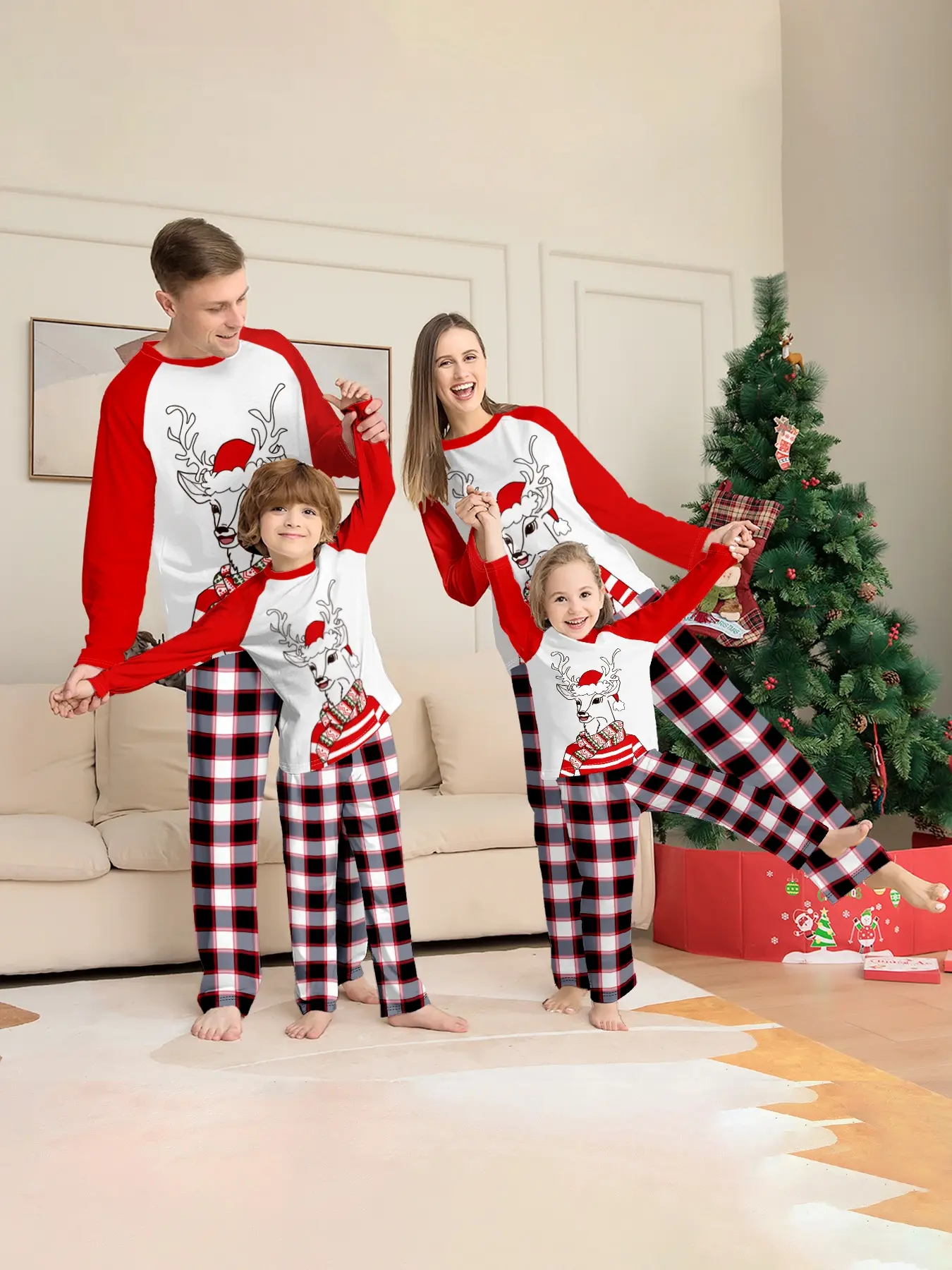 Christmas pajama set, family sizes, loose fit, festive reindeer design, plaid pants, fall & winter wear, holiday photoshoots