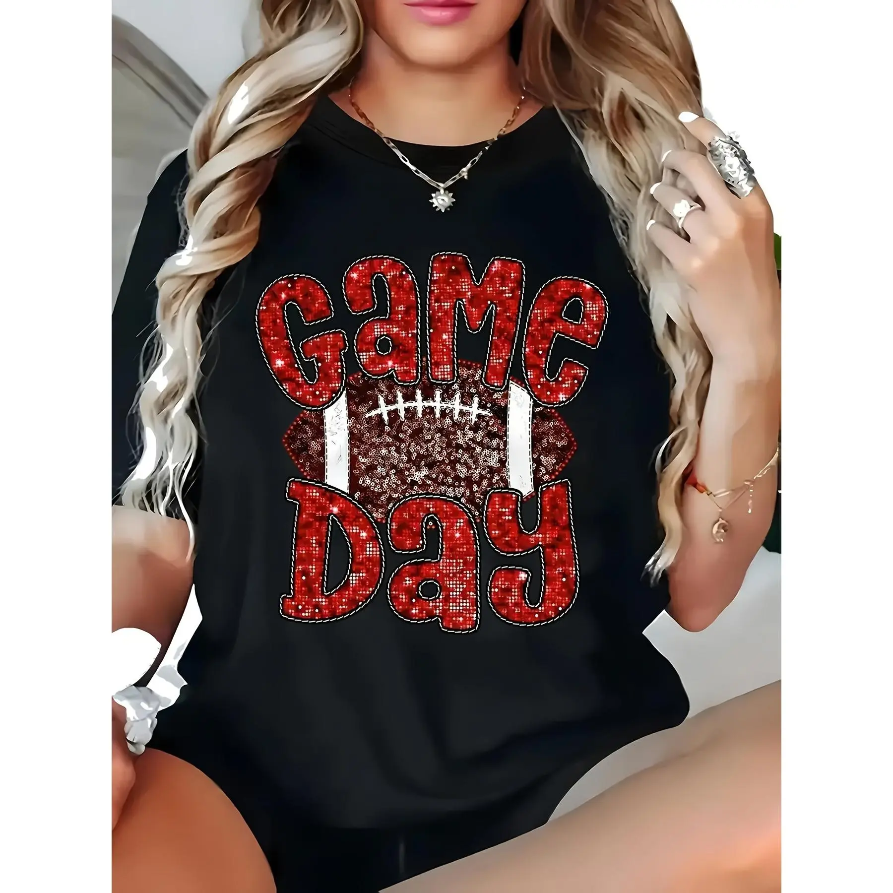 Plus Size - Plus Size - Women'S Game Day Glitter Pattern T Shirt Black with Red and White Leopard Print Football Design Sequin Letter Print Loose All Season Casual Outfit Football Party Wear Machine, suitable for spring