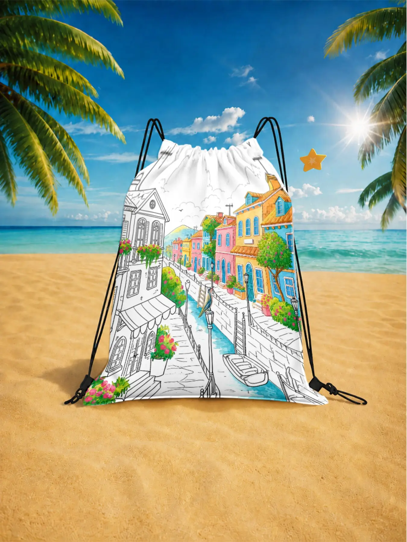Colorful Canal Town Illustration Backpack, Waterproof Fabric, Large Capacity, Lightweight Drawstring Fitness Bag, Ideal for Travel, Shopping, Daily Use