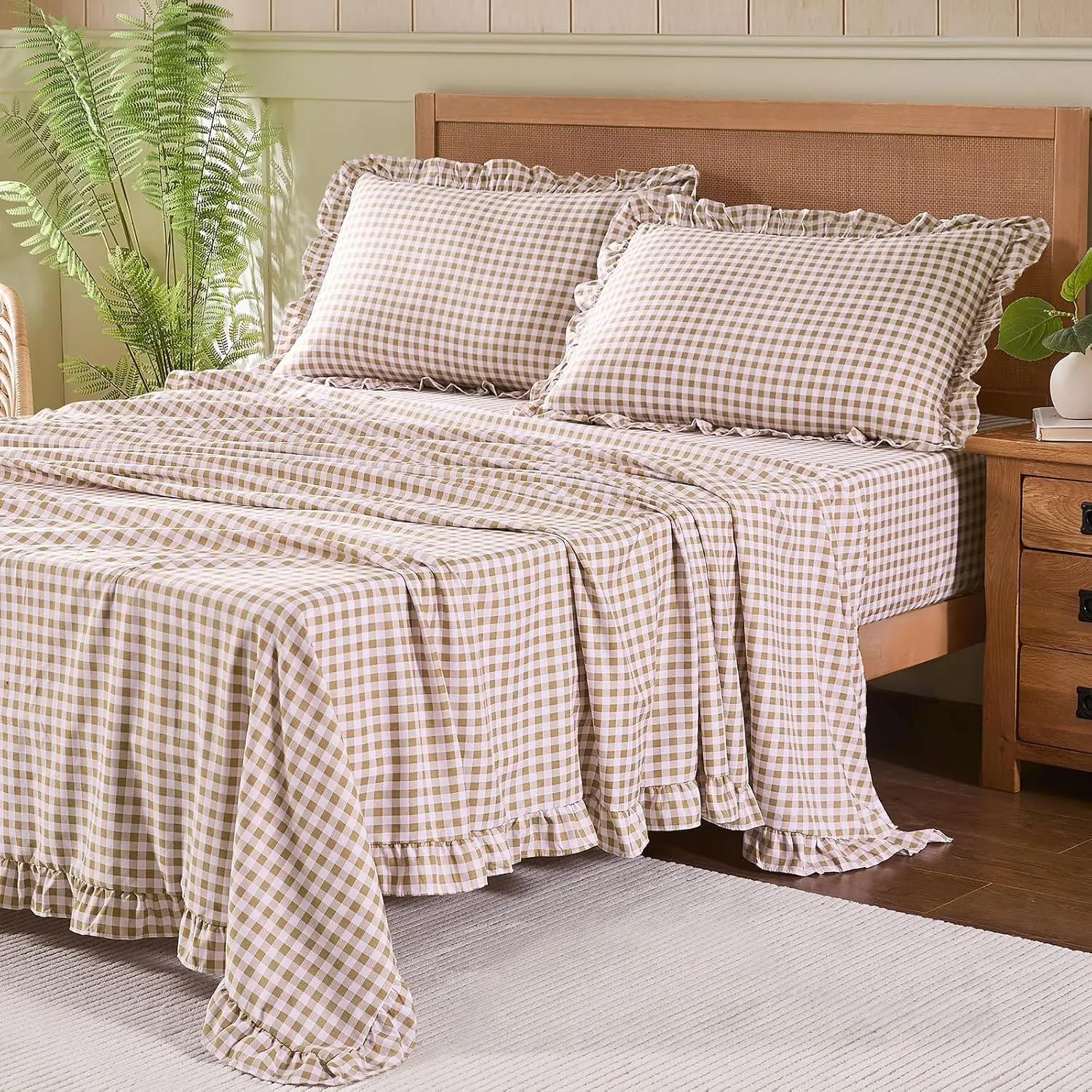 Gingham Full Sheet Set, Lightweight Soft Brushed Microfiber Bed Sheets with 16" Deep, 4 Piece Ruffle Farmhouse Bedroom Decor, Taupe