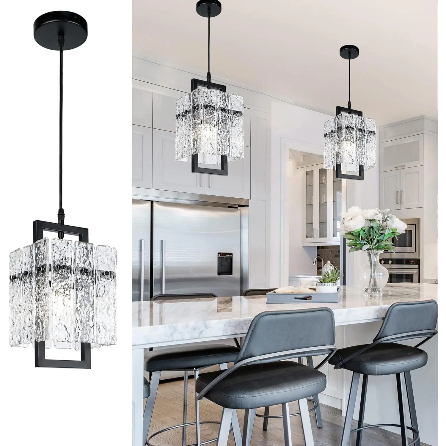 Modern Adjustable Angle Black Crystalline Glass Pendant Light, Luxury Water Ripple Fixture with E12 Bulb, Indoor Use for Kitchen Island Dining Room, 6.5''L x 11.8''H