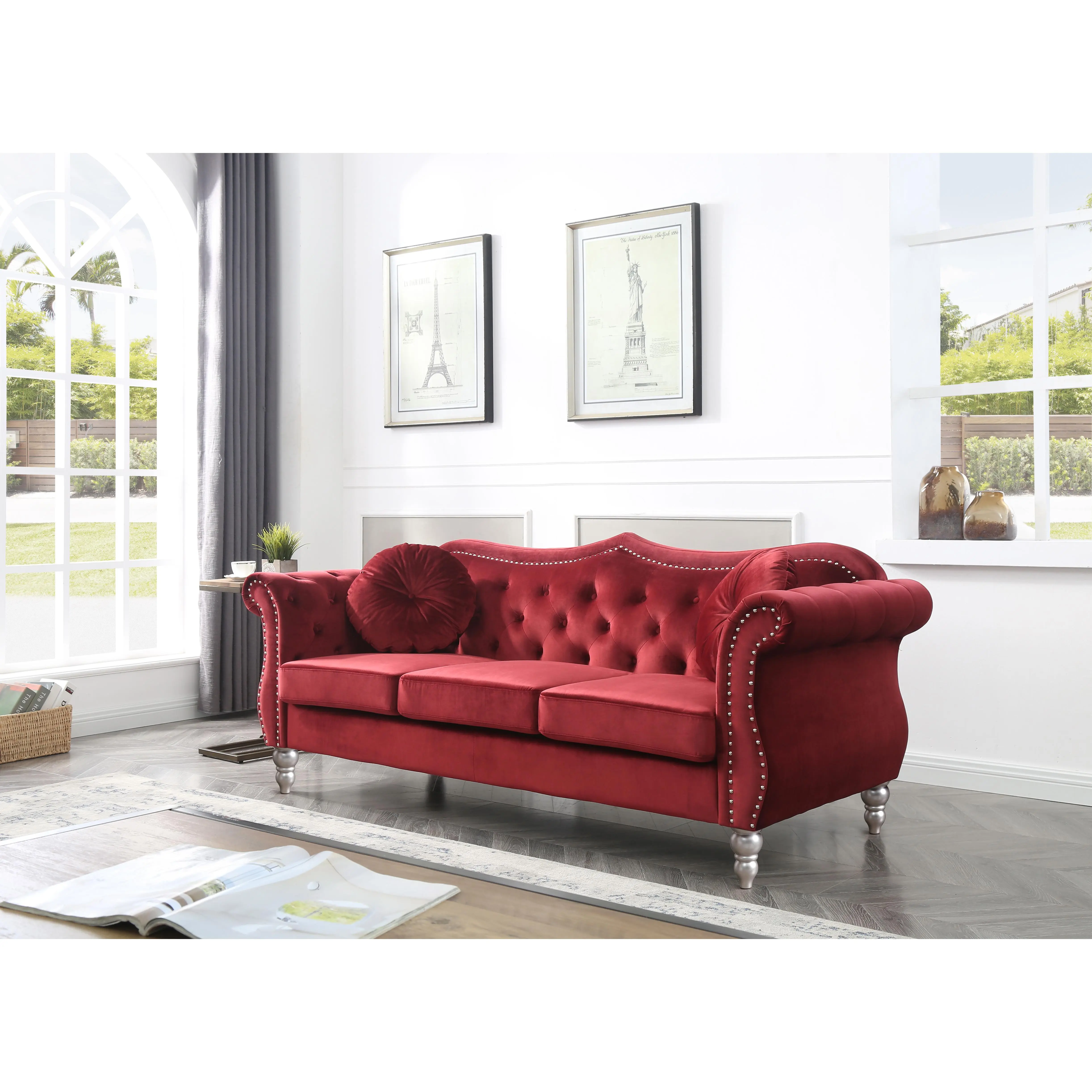 Nokaa Burgundy Velvet 3-Seat Sofa for Living Room, Modern Tufted Couch with Nailhead Trim, Pocketed Coil Cushions, Hardwood Frame, Home Seating