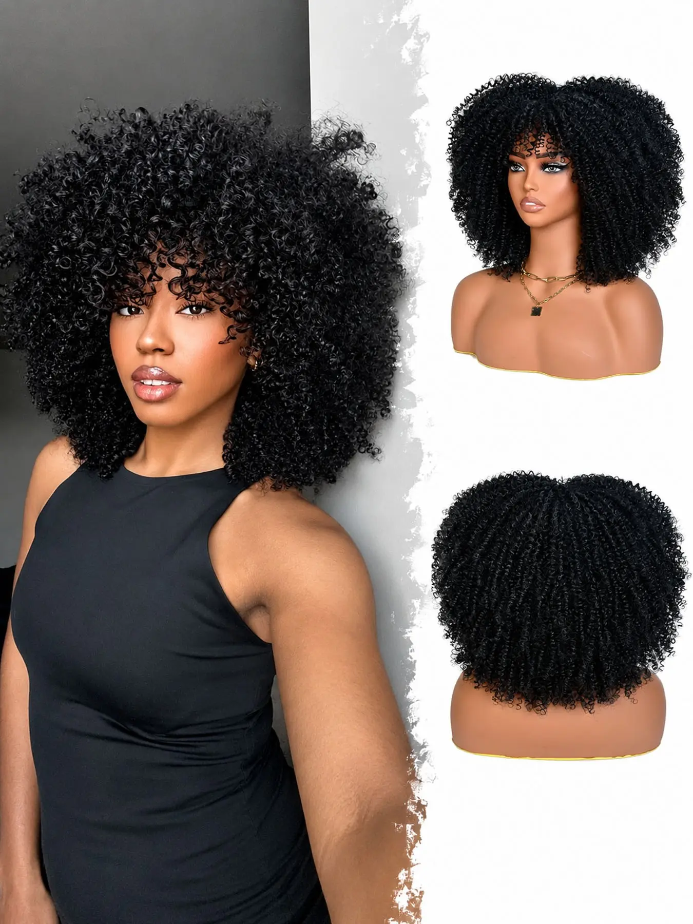 Afro Curly Wig with Bangs Black 14 Inch Short Synthetic Afro Wig Black Kinky Curly Wigs for Women Shake and Go Wigs for Daily And Party Use Gorgeous Fluffy Wigs