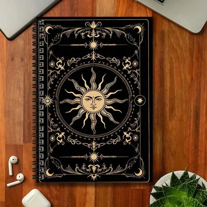 A vintage mysterious style spiral notebook with a sun totem design, featuring a black and gold color scheme that exudes elegance. A great aid for work and study records, also makes a thoughtful gift for graduation or birthdays. Suitable for writing diarie