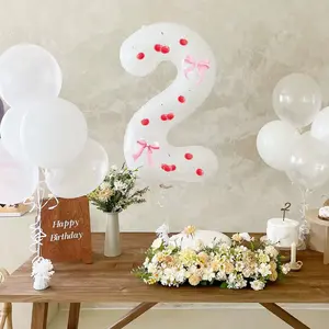 32-Inch Number Balloon with Cherry and Bow Stickers, Perfect for Birthday Parties and Anniversaries, Decorative Party Supplies