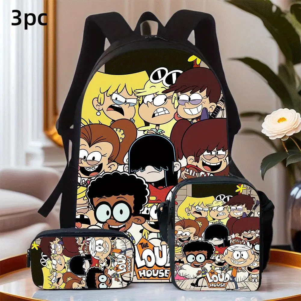 Durable Water Resistant 3-Piece Kids Backpack Set, Lightweight School Pack with Lunch Box & Pencil Case, 600D Oxford With The Loud House Full Cast Cartoon Print, Breathable Padded Straps, 15-inch Laptop Space, PEVA Insulated Lunch Bag for School Use