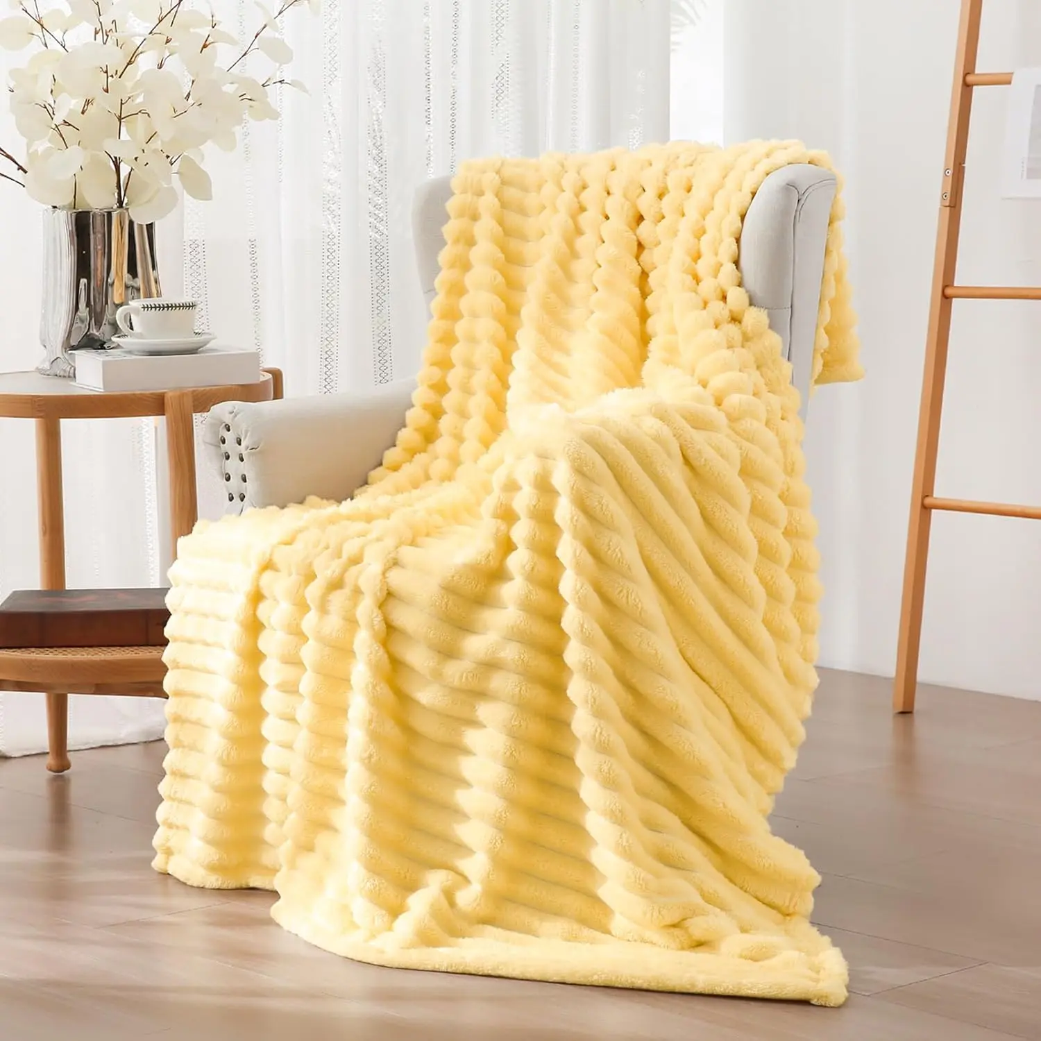 Flannel Fleece Throw Blanket for Couch,Sofa,Bed, 300GSM Striped Light Yellow Throw Blanket for Adults and Kids, Soft Warm Cozy Lightweight Home Decor for All-Season(50x70inch)