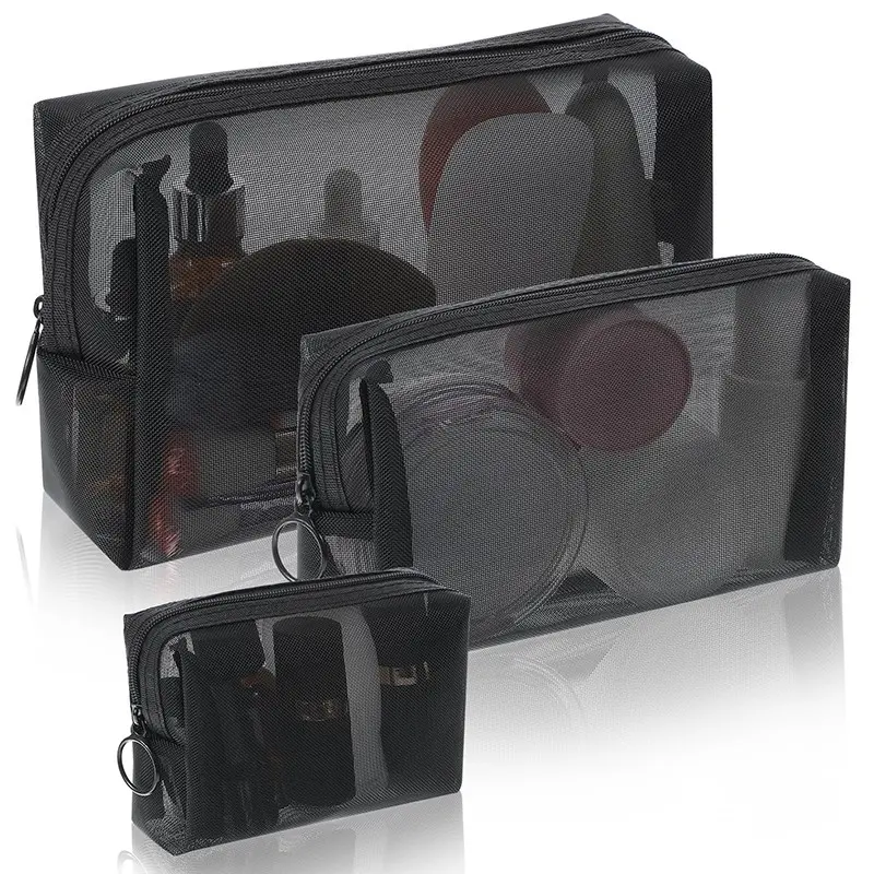 3-Pack Breathable Mesh Makeup Bags, Portable Zipper Toiletry Storage Pouches, Multifunctional Travel Organizer Bags, Durable Nylon Material