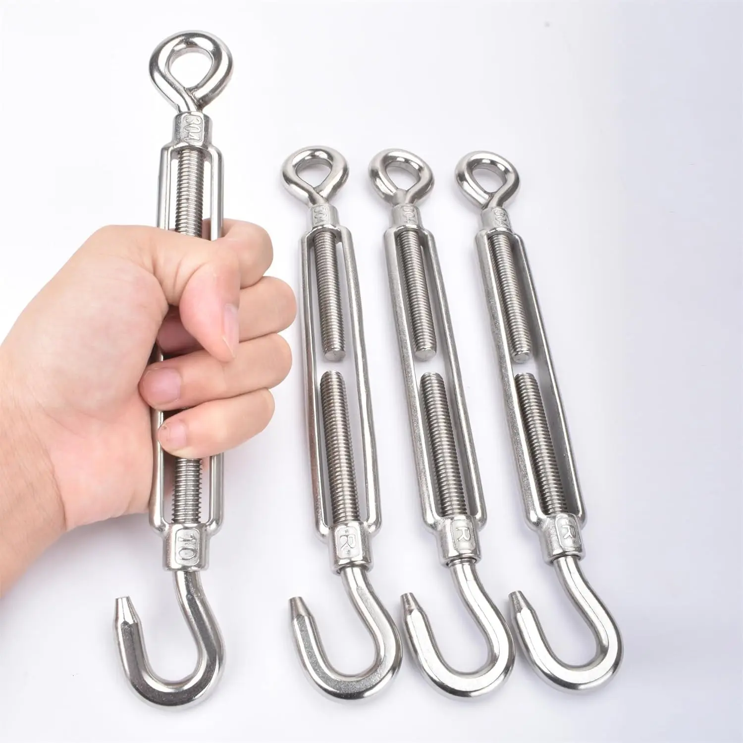 M10 Turnbuckle,3/8" (10mm) Thread Stainless Steel Hook & Eye Alele Stainless Steel 304 Turnbuckles Heavy Duty Wire Rope Tension 4pcs