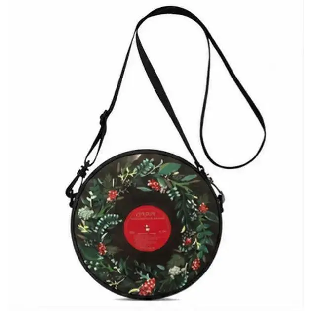 Retro Vinyl Record Crossbody Bag - Botanical Wreath Round Purse for Music Lovers Y2K Aesthetic Vinyl Record Purse | Quirky Botanical Round Shoulder Bag women luxury house chain cheap jeans black cartoon outdoor travel unique little fashionable shop doll