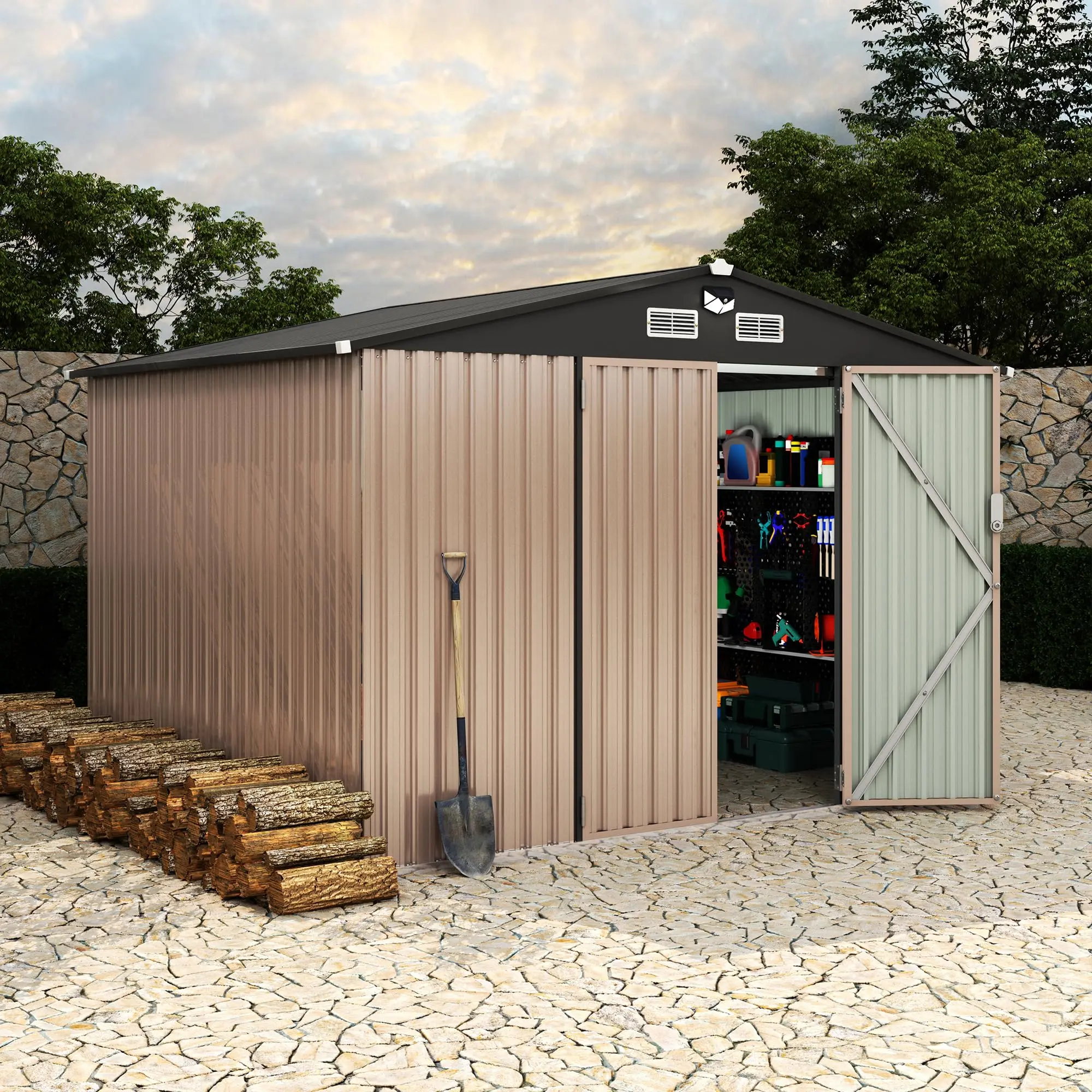 8x10 FT Metal Storage Sheds Outdoor, Metal Tool Shed with Lockable Door, Yard Sheds Garden Shed Kit, Metal Utility Sheds Buildings with Air Vent for Backyard Garden Patio Lawn, Brown/Grey(2 Boxes)