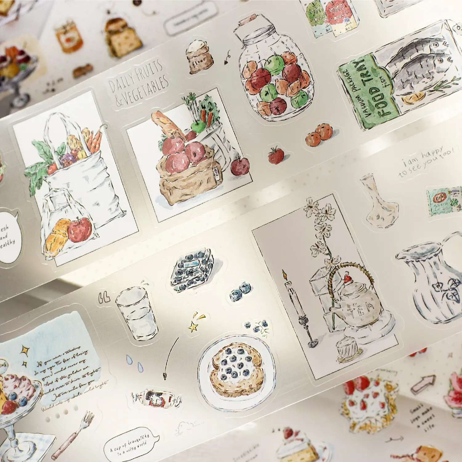 Three Meals Four Seasons Pet Hand Account Tape, High Aesthetic Coffee Bread Food Retro Stickers for Journaling, Decorative Small Patterns