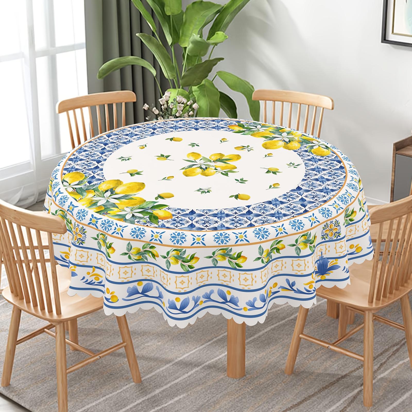 Elegant Mediterranean-Inspired Tablecloth with Fresh Lemon & Blue Floral Design - Polyester, Machine Washable for Dining Room, Living Room, Outdoor Decor