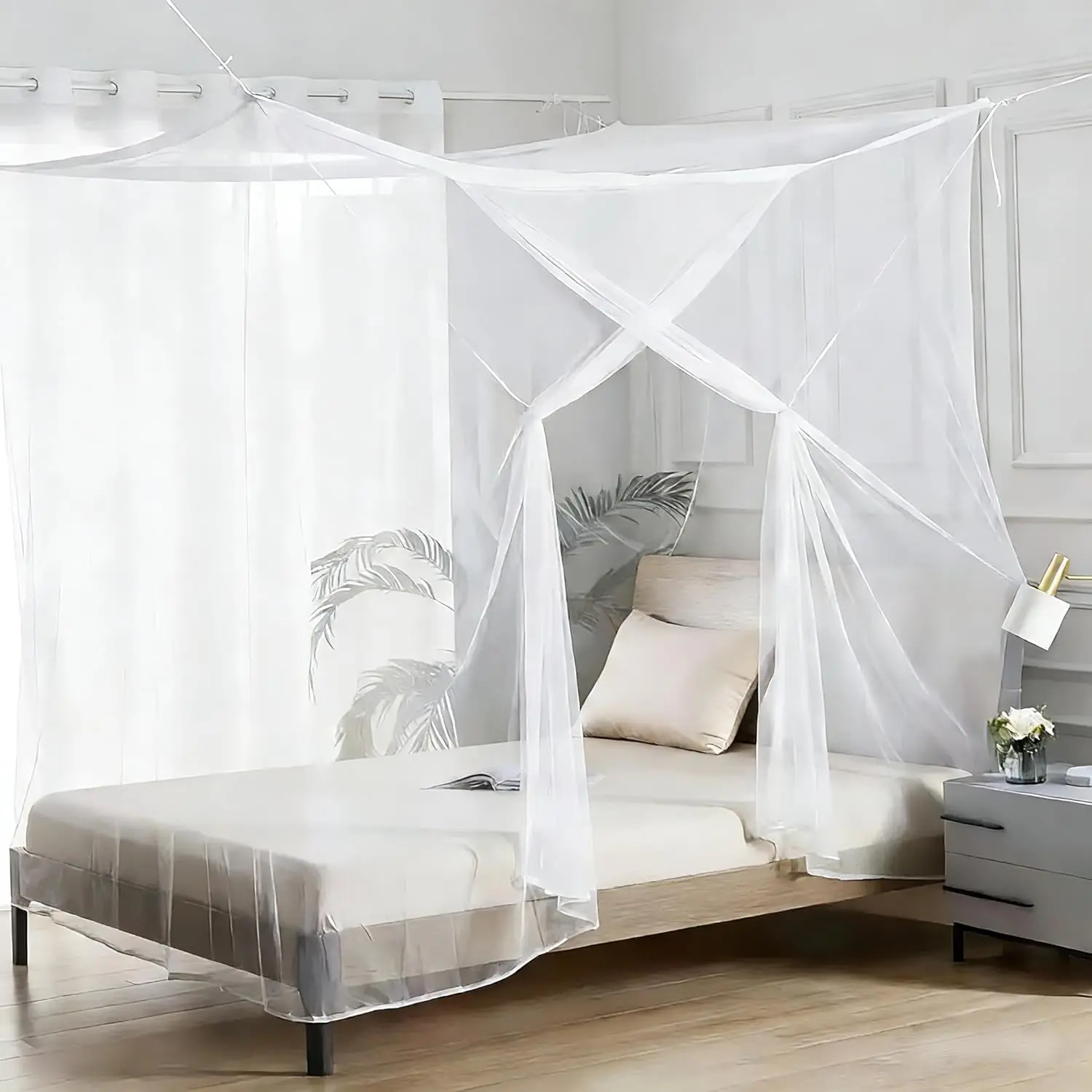 Bed Curtains 4 Corners Net Mosquiteros para Camas Bed Canopies Netting Bed Drapes Rectangular Mesh for Gothic Travel Home DecorL75 X W35 X H63,1 Opening, White