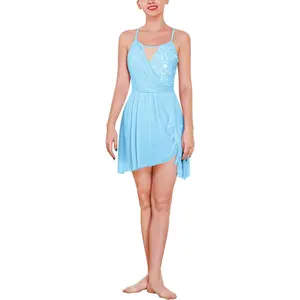 Women's Lyrical Contemporary Dance Costume Open Backless Asymmetric Flowy Tulle Skirt