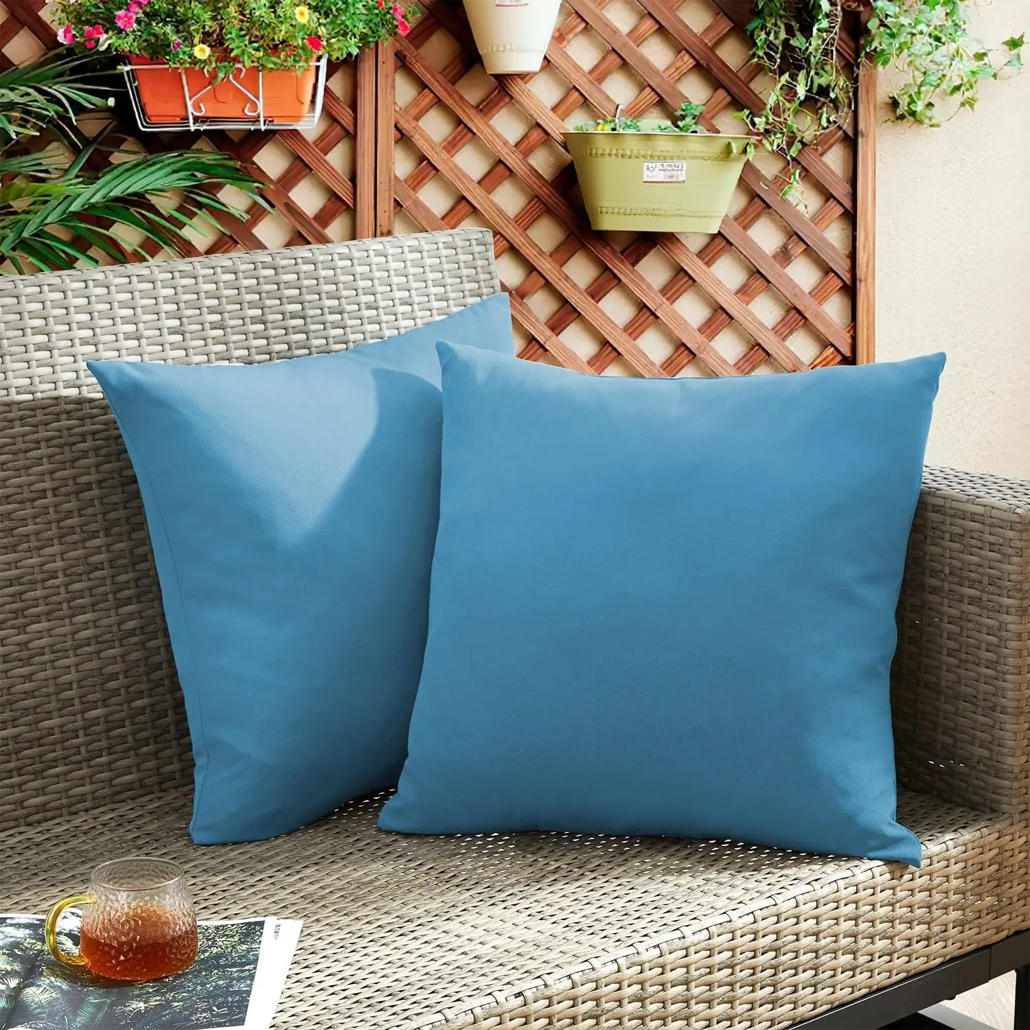 ®  Outdoor Pillows, 20 x 20 Inch Feathers and Down Filled Decorative Square Pillows for Garden Patio Bench, Pack of 2, Blue