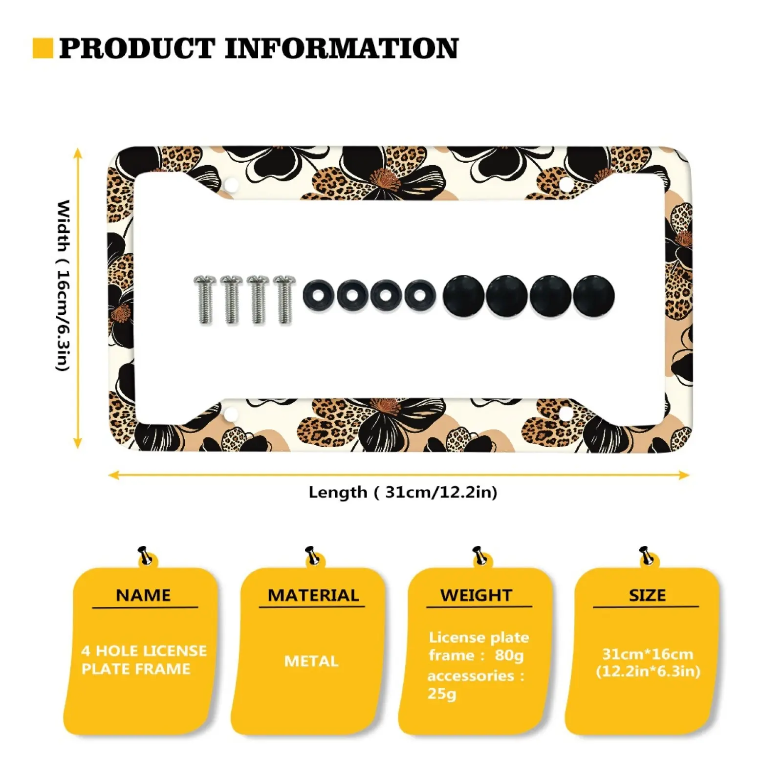 Leopard Floral Metal License Plate Frame, US Standard 4‑Hole Car Tag Holder, Rust‑Resistant Plate Cover with Complete Screw Hardware Kit, Easy Hang Installation, Replace Old Dull Frames, Fits Sedan Truck SUV, Trendy Car Exterior Decor for Holiday Season