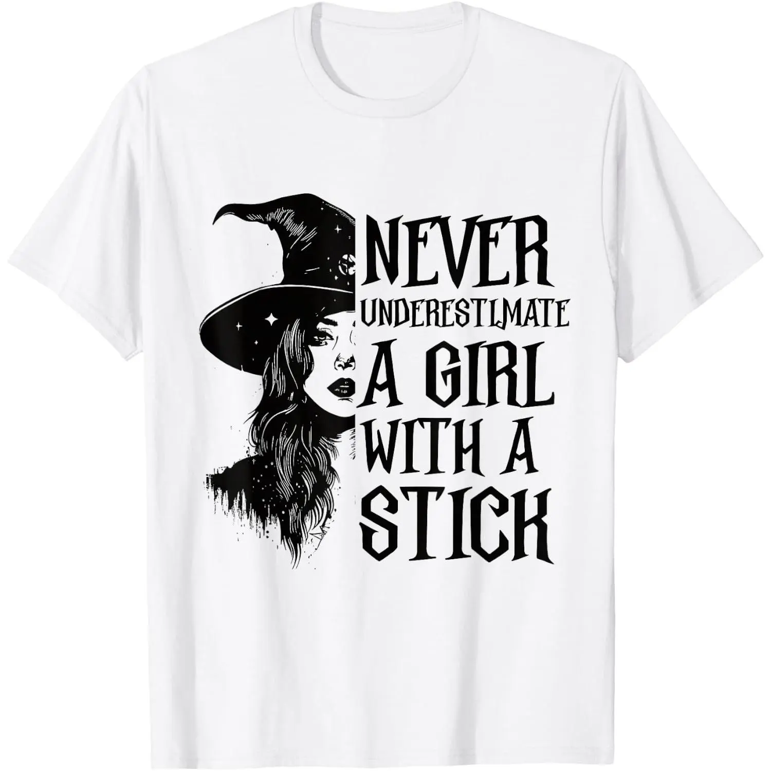 Never Underestimate A with A Stick Witch Halloween T-Shirt Cotton Graphic Crew Neck Soft Top Short Sleeve Casual Unsex Shirt Breathable for Men Women