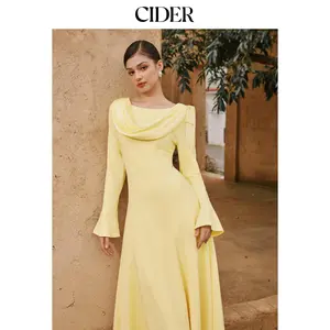 Cider Boat Neck Bell Sleeve Draped Knotted Flared Maxi Dress Dealsforyou
