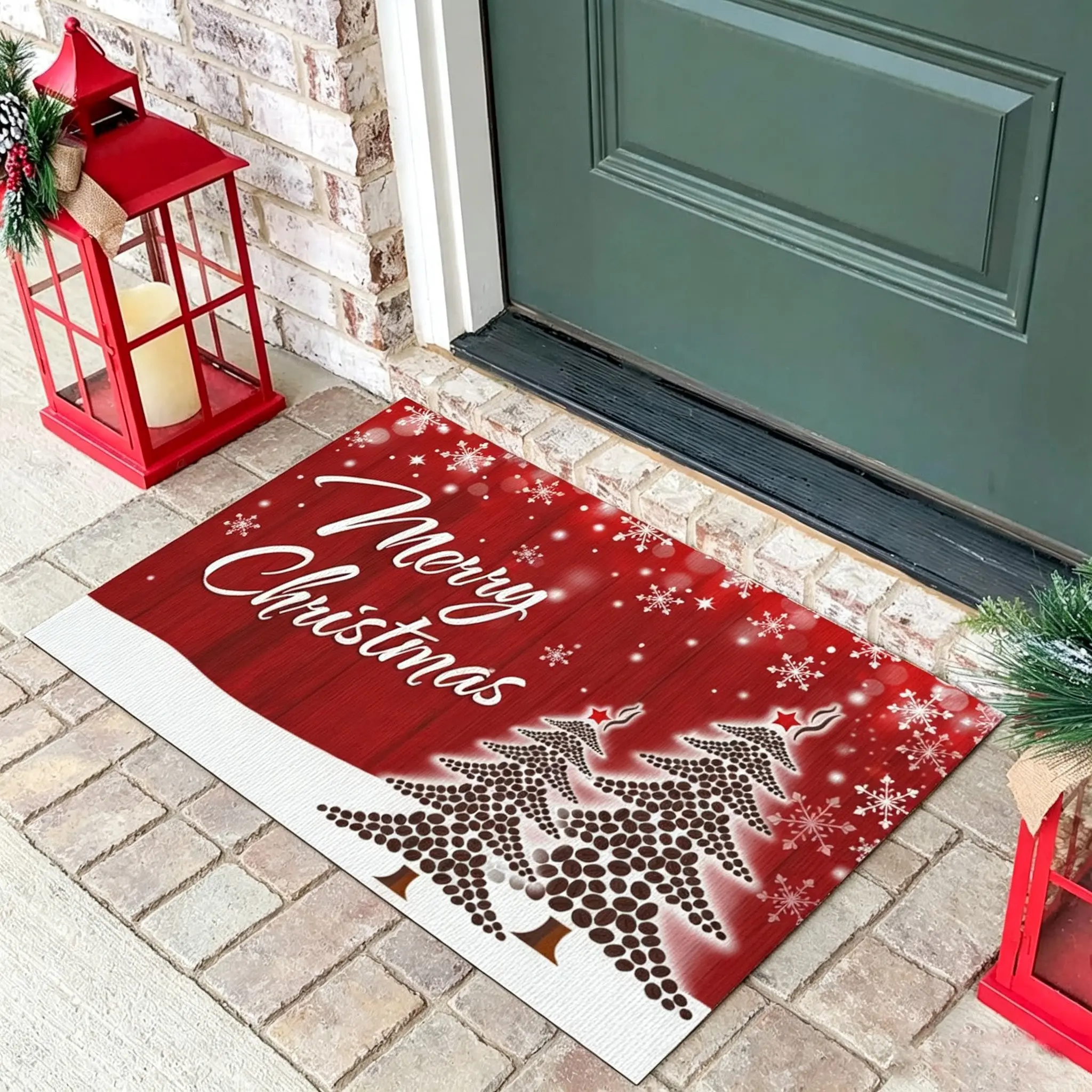 Vintage Wood Grain Christmas Door Mat, Round Dot Patchwork Santa Tree Snowflake, Soft Rectangular Rug, Non-Slip