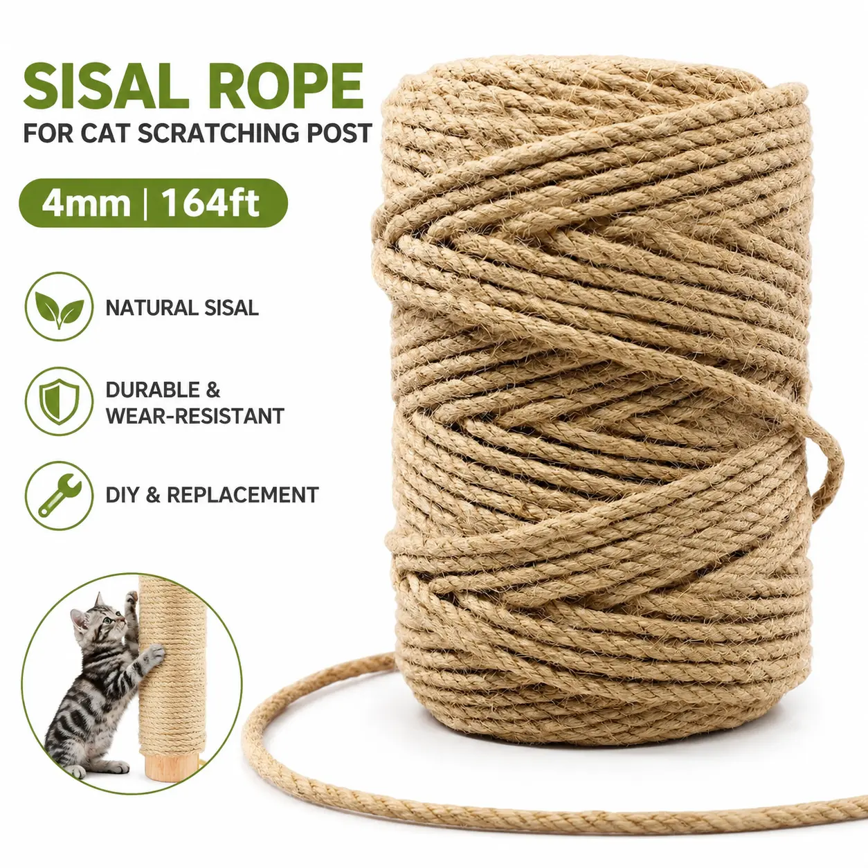 Sisal Rope for Cat Scratching Post, 4mm Jute Twine 164ft, Replacement Rope for Cat Scratchers, DIY Cat Tower Repair, Durable Cat Scratcher Rope