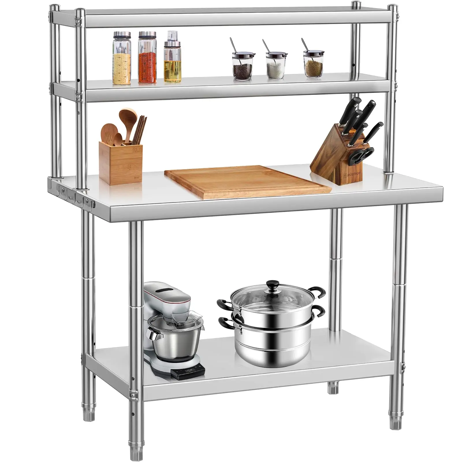 GARVEE Professional Stainless Steel Kitchen Work Table with 3 Adjustable Shelves, Removable Hooks, and 662 kg Load Capacity for Kitchen, Restaurant, and Workshop Use