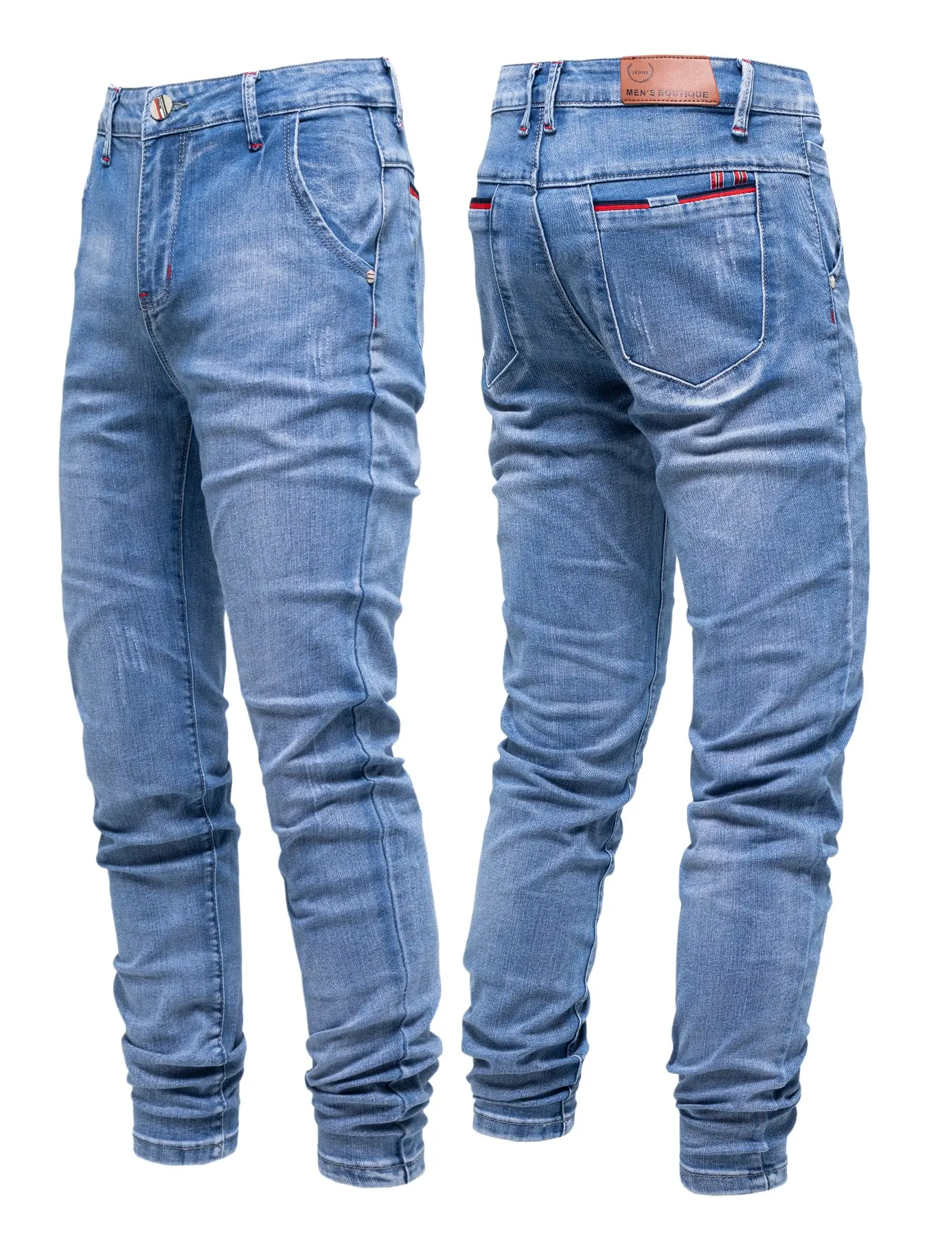 Men's Blue Washed Slim Fit Stretch Tight Jeans, Contrast Stitching, Faded Bearded Look, Casual Daily Streetwear, Long Pants