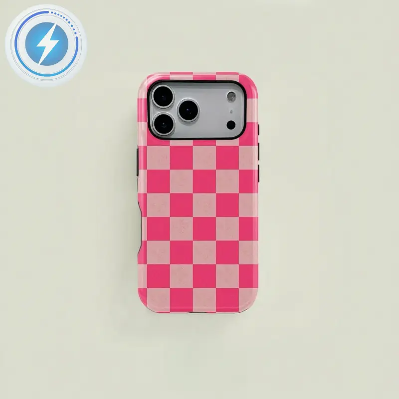Magnetic Phone Case 1PC Checkered Pink Pattern Phone Case, Heavy Duty Shockproof 2in1 Protective Cover,phone Case Suitable for Iphone 11/12/13/14/15/16/17 Pro Promax Plus Air ,Holiday Gift Minimalist Chic Protector Casing for iPhone 17 Pro Max