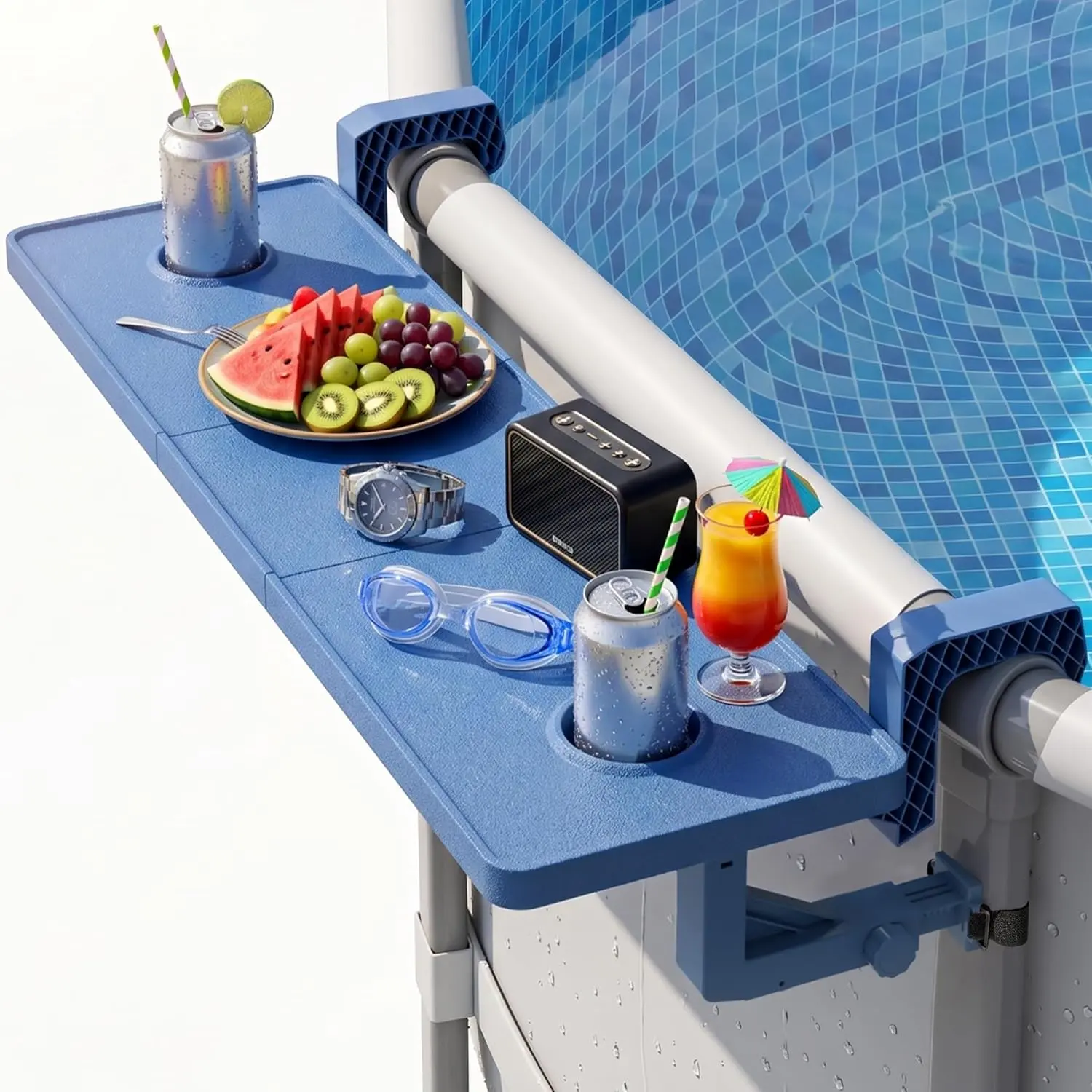 Poolside Bar for Above-Ground Pool, Outdoor Pool Bar Table for Above-Ground Round Pool, 40.5in Length Adjustable Poolside Table with Pool Drink Holder, Above-Ground Pool Accessories
