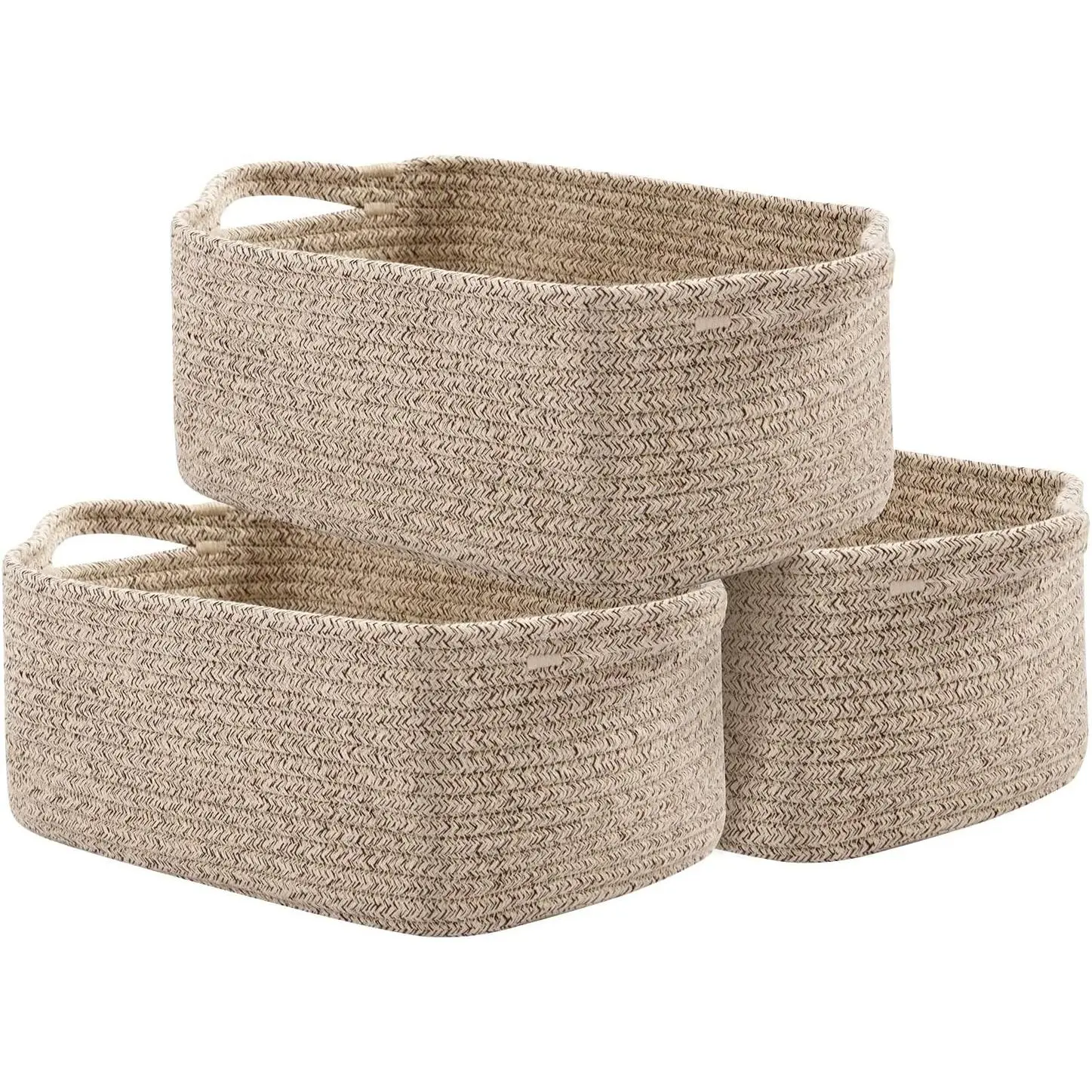 Cotton Rope Baskets, Woven Baskets for Storage, Nursery Storage Baskets, Rectangle Storage Basket with Handles, Storage Baskets for Shelves, Pack of 3, Brown Variegated