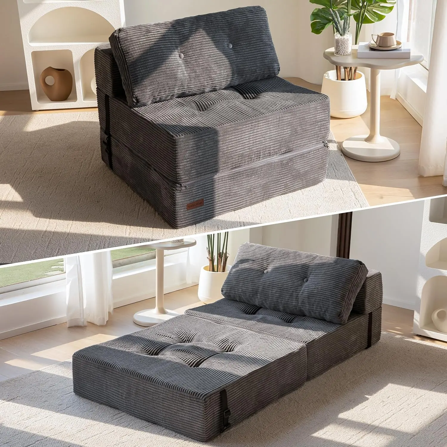 Folding Sofa Bed, Convertible Chair Bed with Pillow | Portable 4 in 1 Fold Out Chair to Floor Bed, Versatile Floor Sofa Couch for Living Room Bedroom, Dark Grey, Single