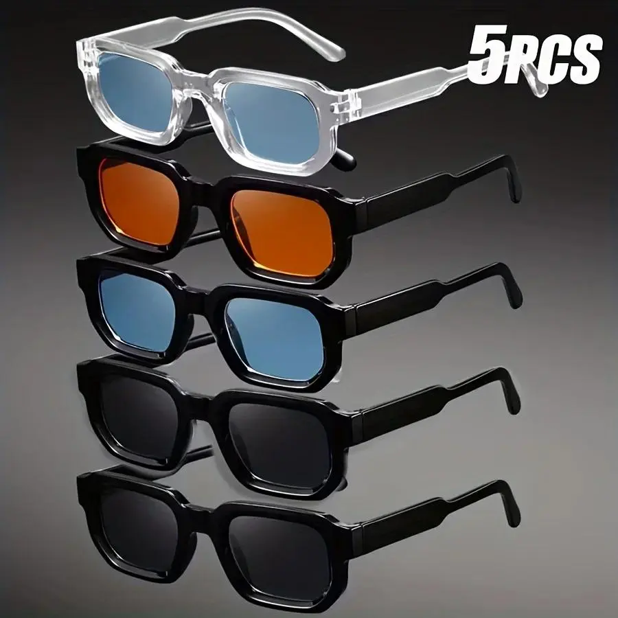 XUH Unisex 5-Pack Nylon TR90 Rectangular Vintage Sunglasses, UV400 Lenses Anti-Glare Protective Shades, All Seasons Daily Wear Fashion Eyewear Bulk Pack for Driving & Holiday Gift, Retro